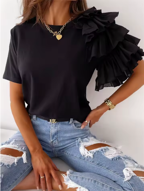 Camiseta Holgada de Manga Corta con Volantes para Mujer