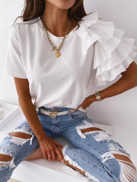 Camiseta Holgada de Manga Corta con Volantes para Mujer