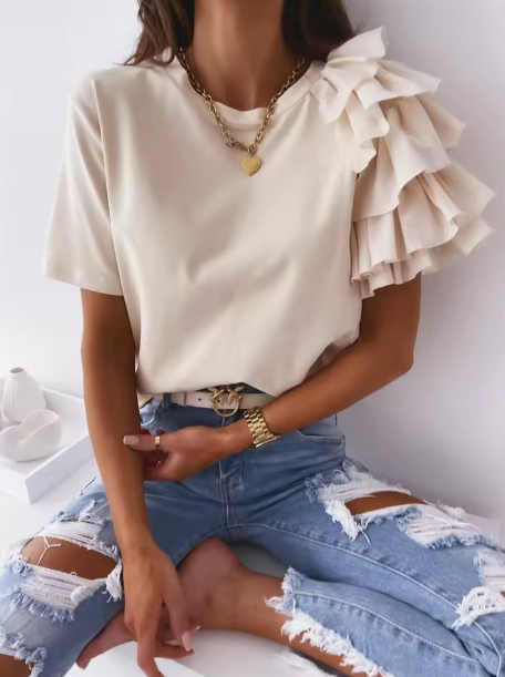 Camiseta Holgada de Manga Corta con Volantes para Mujer