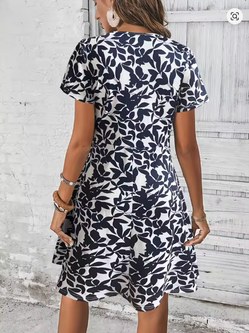 Vestido Azul Marino con Estampado de Hojas para Mujer