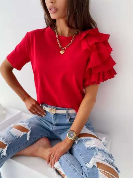 Camiseta Holgada de Manga Corta con Volantes para Mujer