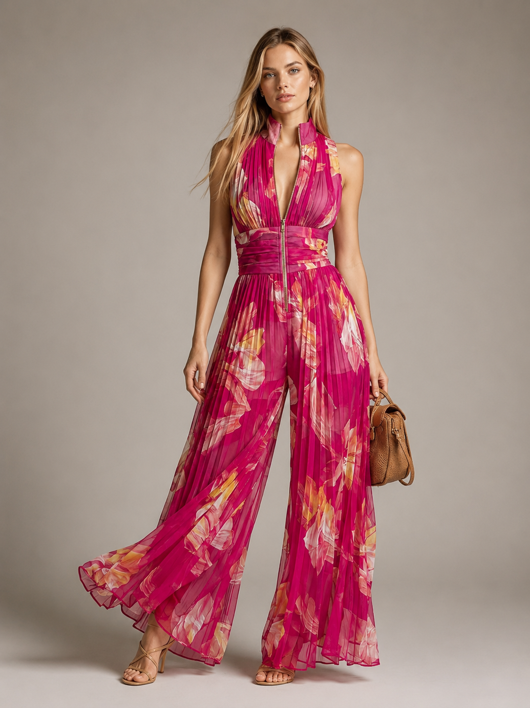 Mono Plisado Floral Fucsia