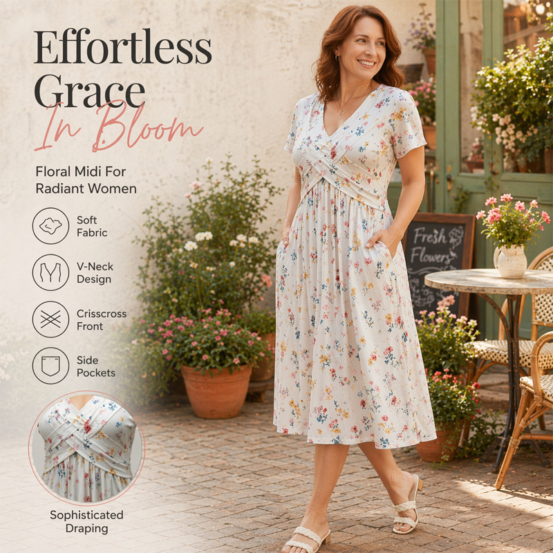 🌸 Vestido Floral con Escote en V y Detalle Retorcido en la Cintura