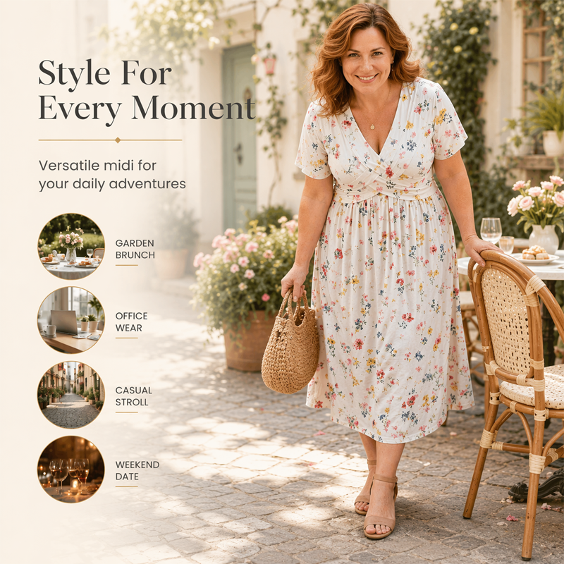 🌸 Vestido Floral con Escote en V y Detalle Retorcido en la Cintura
