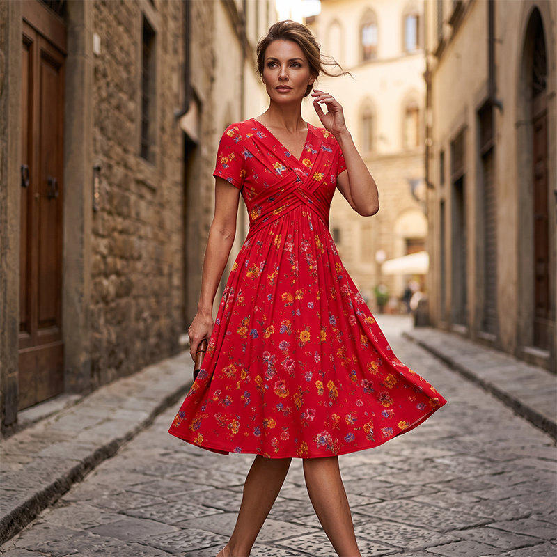🌸 Vestido Floral con Escote en V y Detalle Retorcido en la Cintura