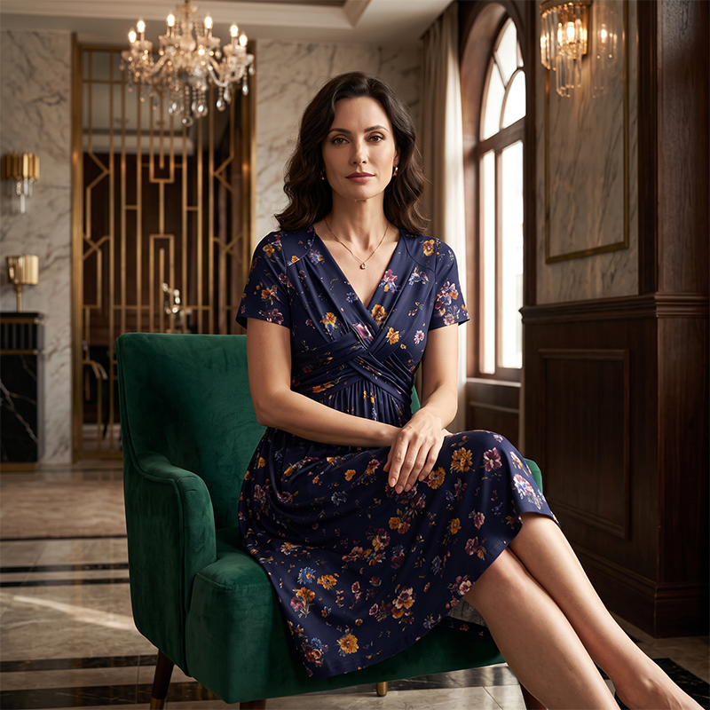 🌸 Vestido Floral con Escote en V y Detalle Retorcido en la Cintura