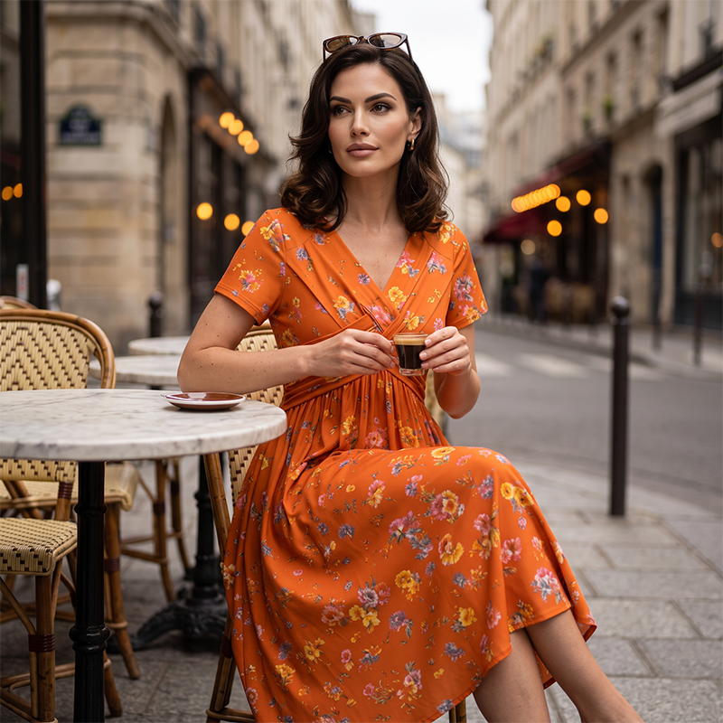 🌸 Vestido Floral con Escote en V y Detalle Retorcido en la Cintura