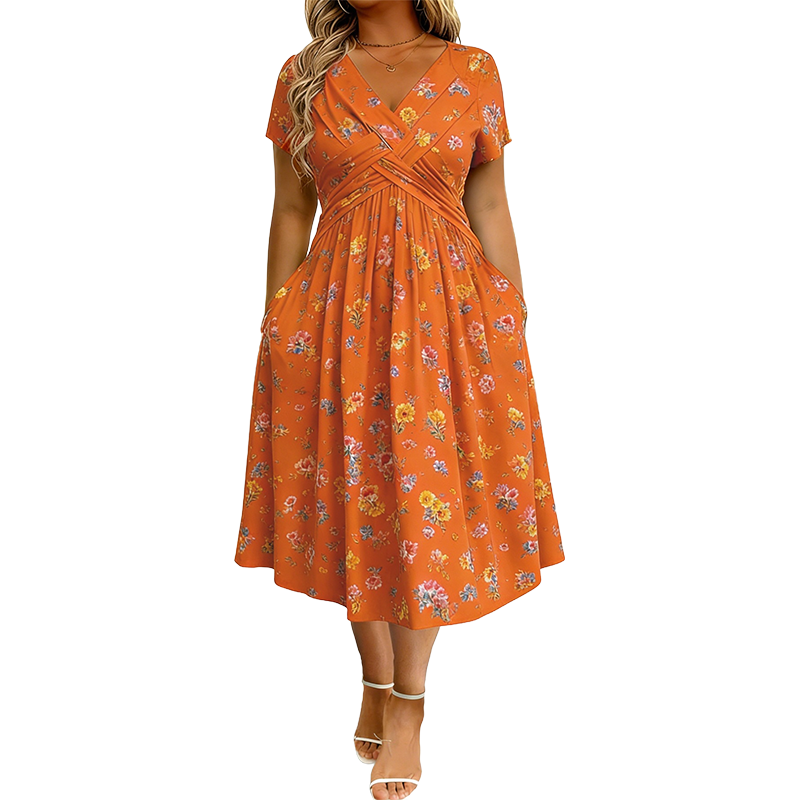 🌸 Vestido Floral con Escote en V y Detalle Retorcido en la Cintura