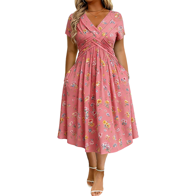 🌸 Vestido Floral con Escote en V y Detalle Retorcido en la Cintura