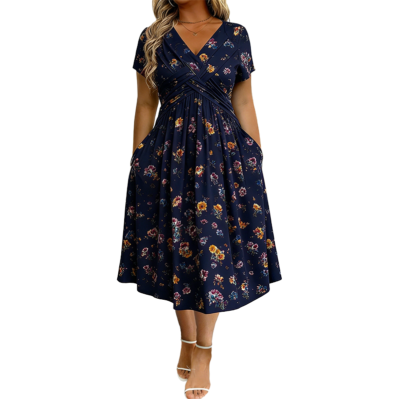 🌸 Vestido Floral con Escote en V y Detalle Retorcido en la Cintura