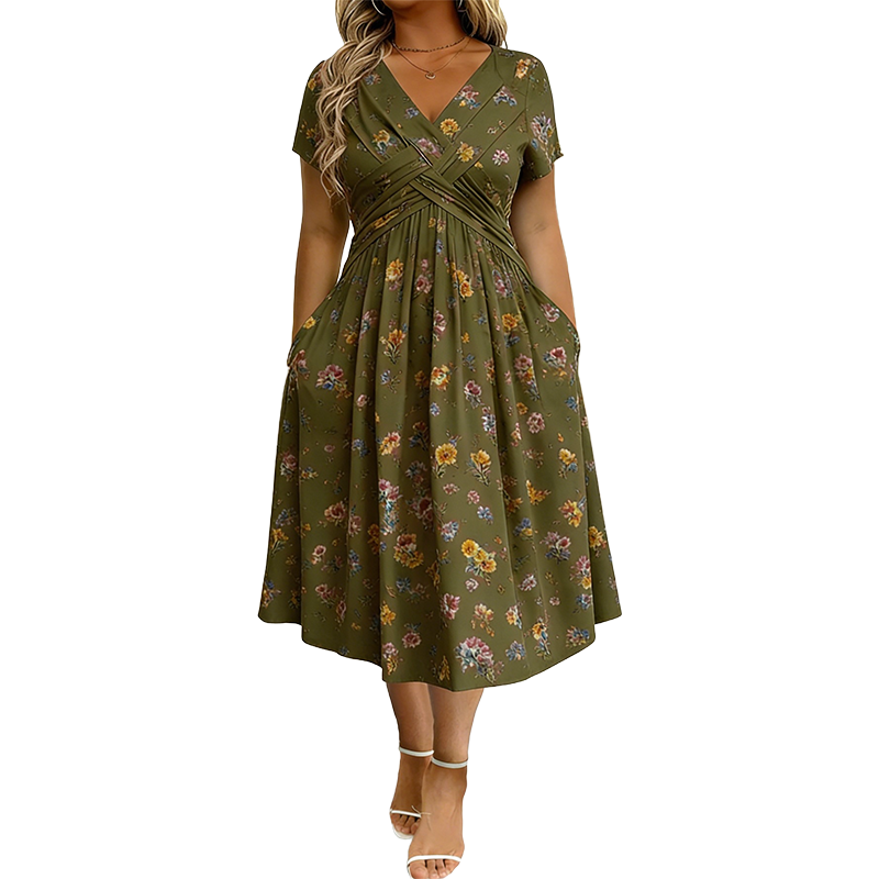 🌸 Vestido Floral con Escote en V y Detalle Retorcido en la Cintura