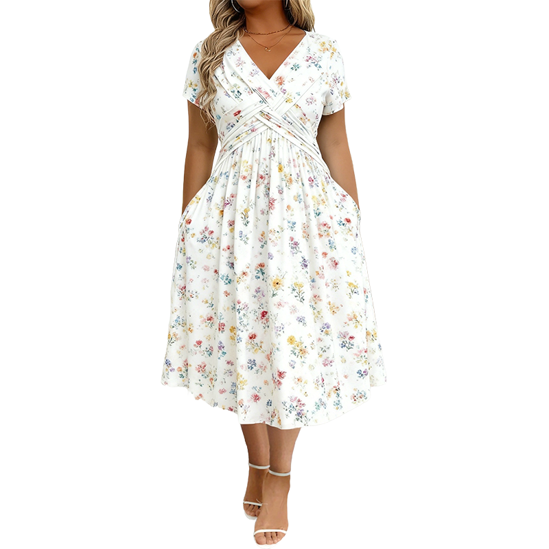 🌸 Vestido Floral con Escote en V y Detalle Retorcido en la Cintura