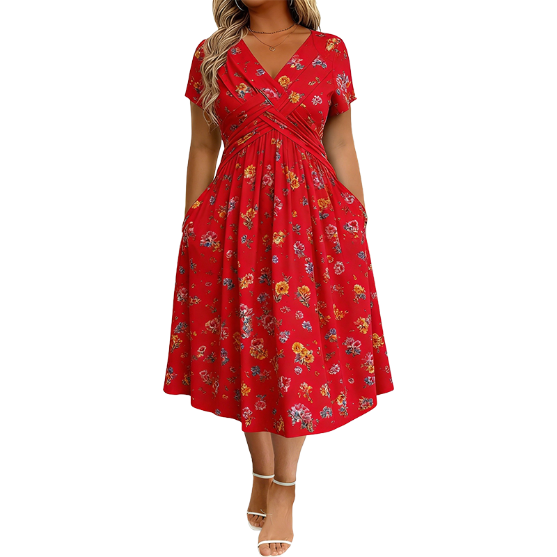 🌸 Vestido Floral con Escote en V y Detalle Retorcido en la Cintura